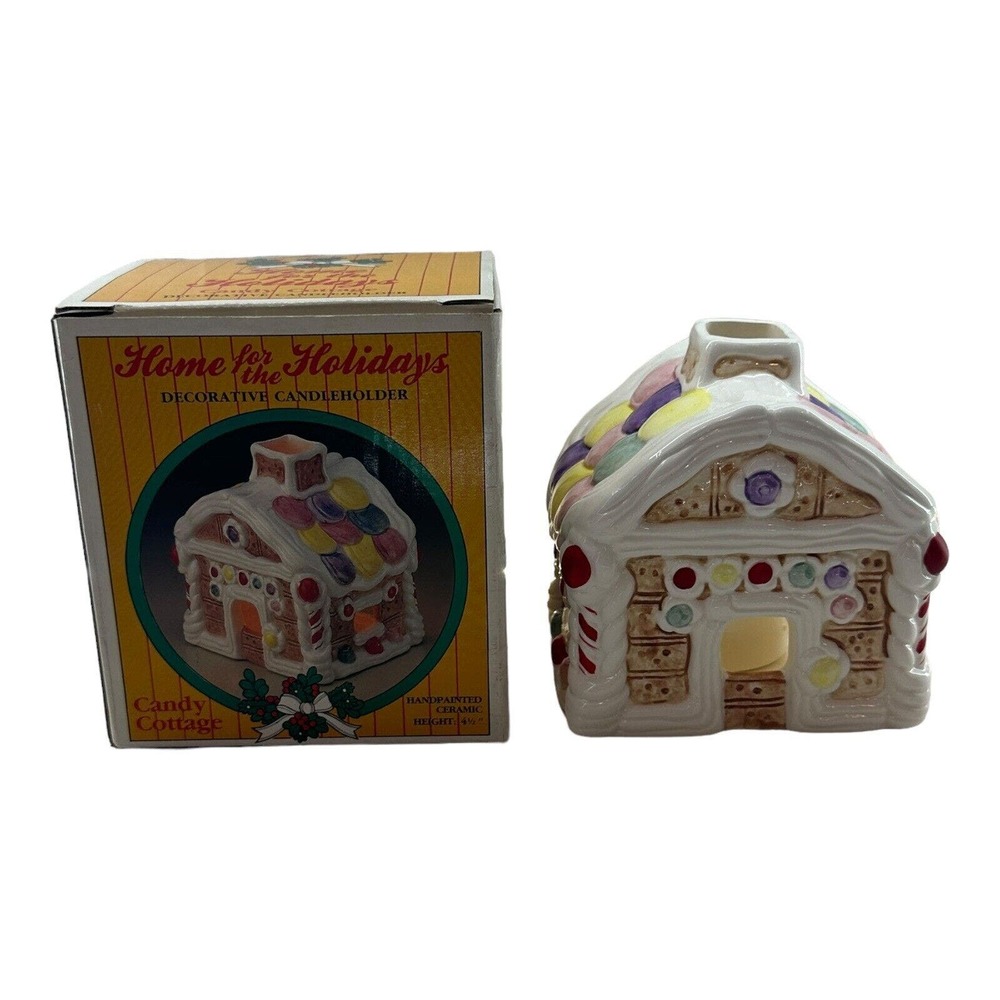 JASCO Candle Holder Gingerbread House Handpainted Ceramic Candy Cottage Vintage
